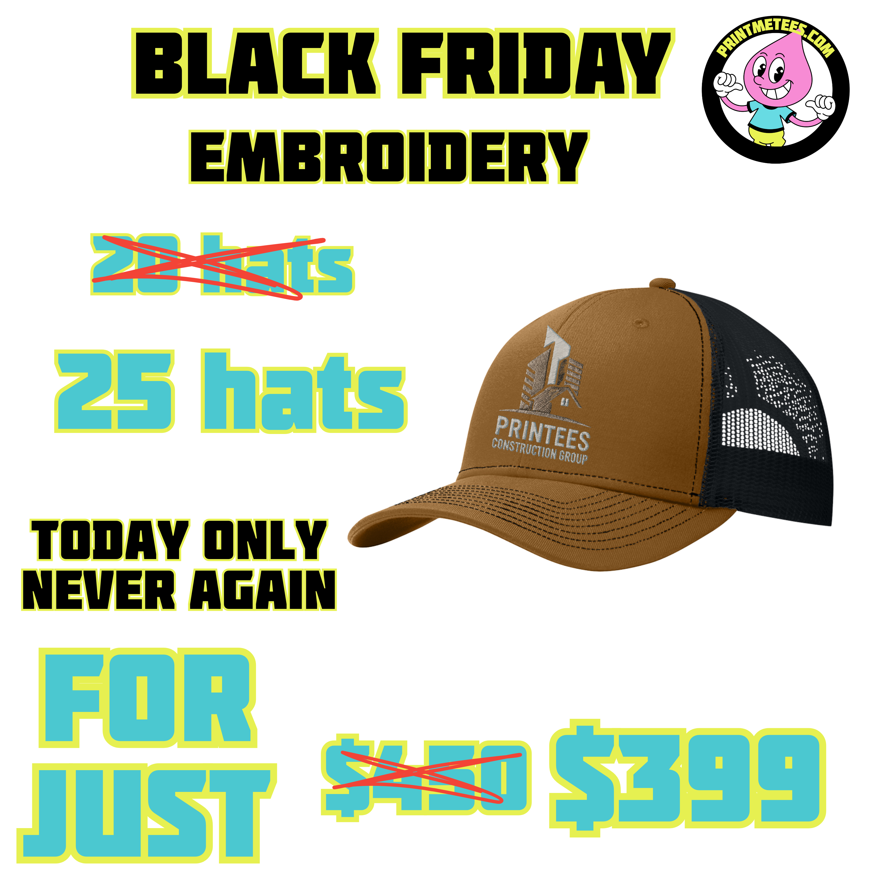 25 Embroidered Hat Bundle PrintMeTees.com