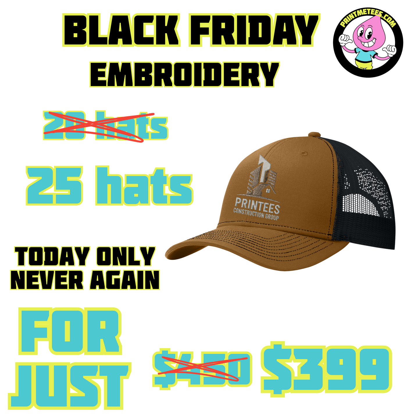 25 Embroidered Hat Bundle PrintMeTees.com